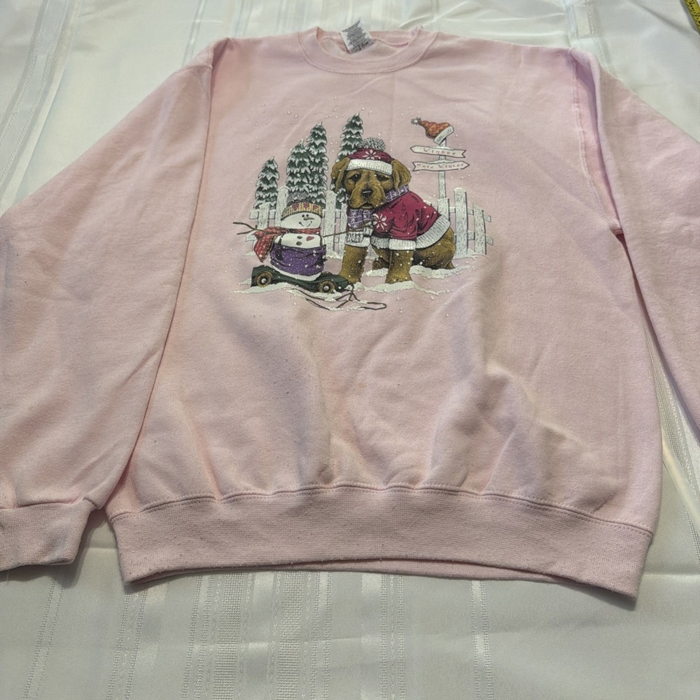 Vintage Jerzees NuBlend Pink Puppy Snowman Sweatshirt Winter Dog Graphic Medium